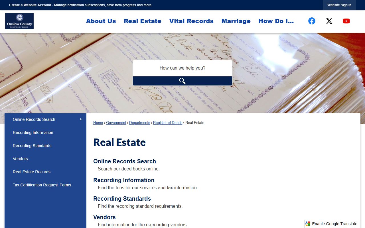 Onslow County Register of Deeds office, a resource for Jacksonville obituary and death record research