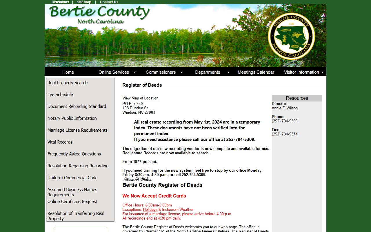 Bertie County Register of Deeds website for death certificate and obituary record requests