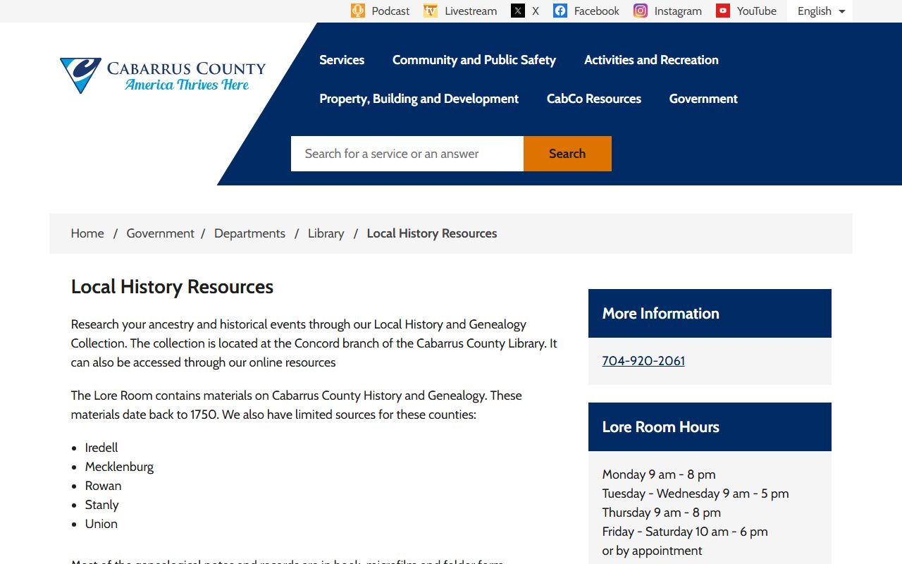 Cabarrus County Library local history and genealogy resources for obituary research
