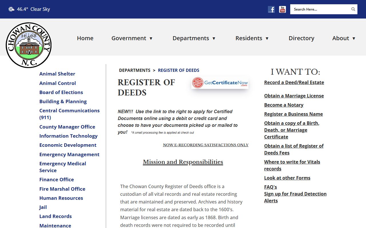 Chowan County Register of Deeds office providing obituary and death record access in Edenton NC