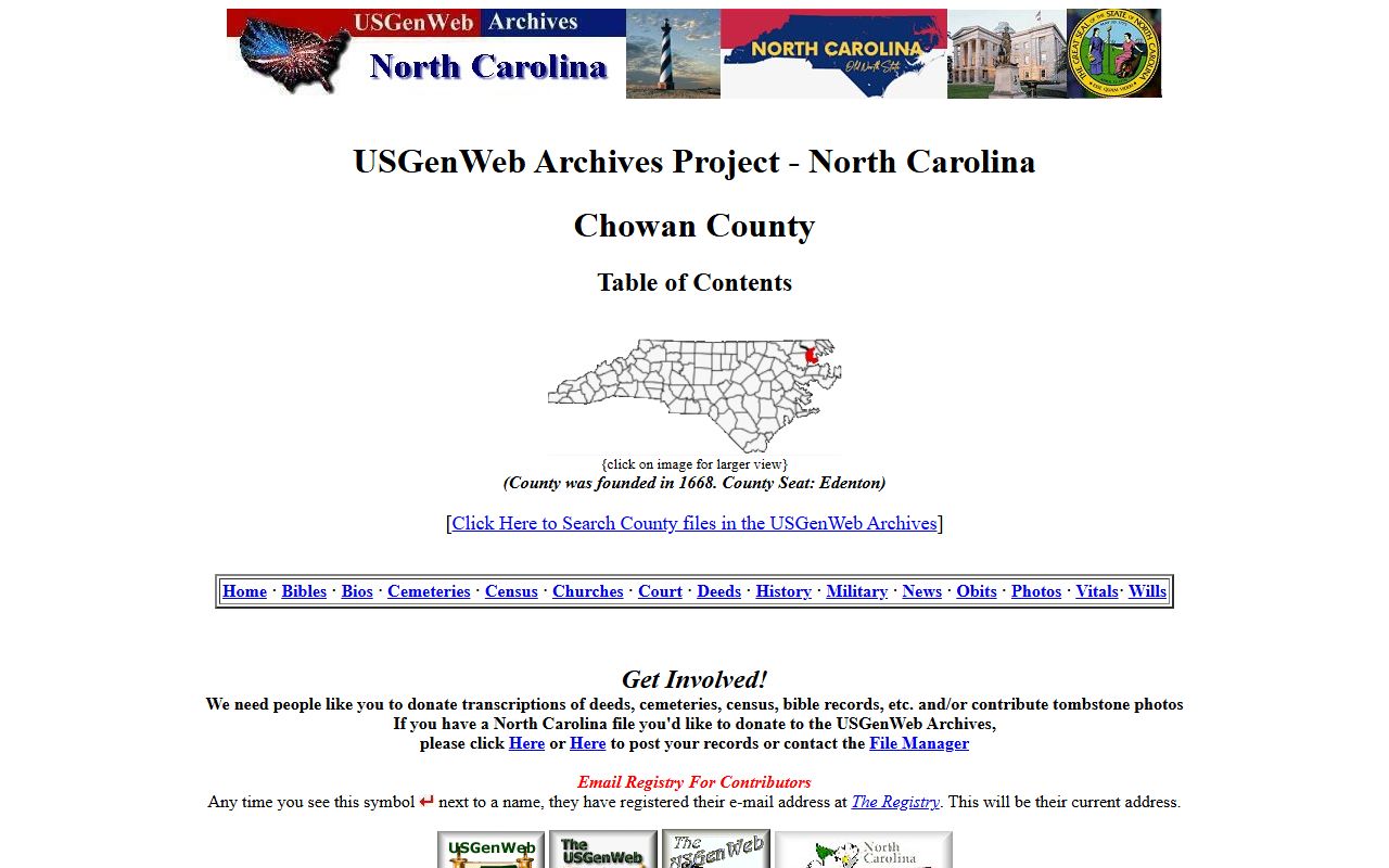 USGenWeb Chowan County Archives providing access to historical death and obituary records from the 1700s and 1800s