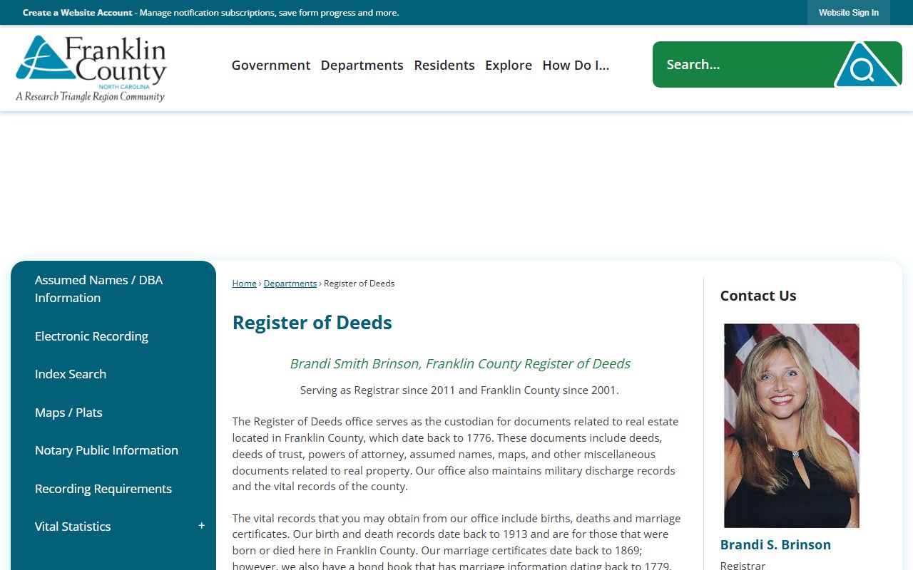 Franklin County Register of Deeds website for obituary and death records