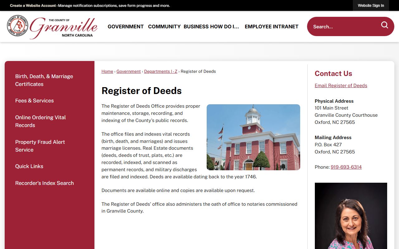 Granville County Register of Deeds website for obituary and death records