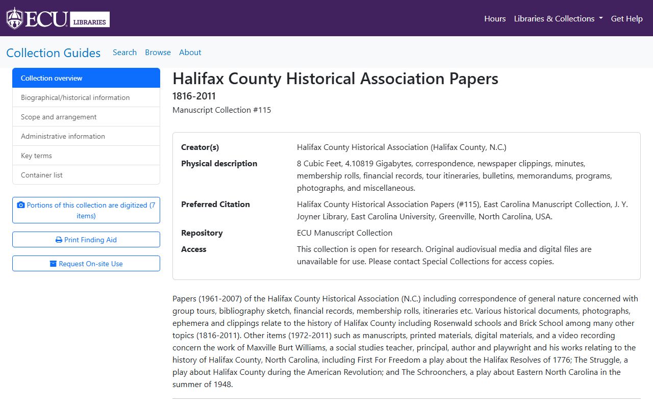 Halifax County Historical Association records at ECU supporting Halifax County obituary and death record research