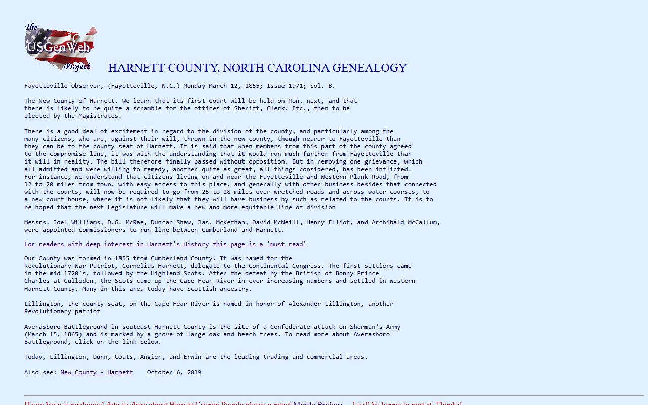 NCGenWeb Harnett County genealogy resources for Harnett County obituary and death record research