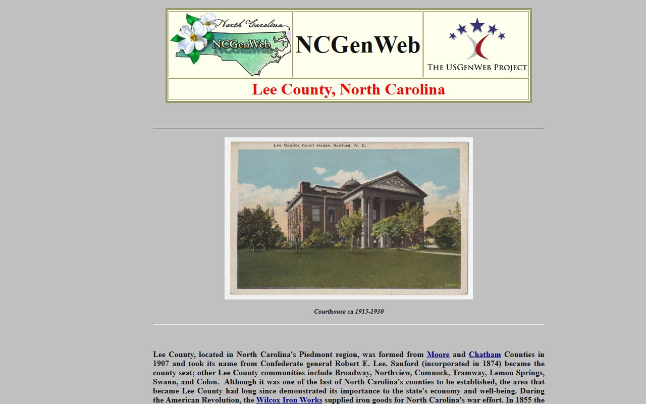 NCGenWeb Lee County page for obituary and death record research