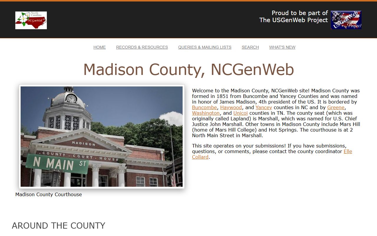NCGenWeb Madison County page for obituary and death record research