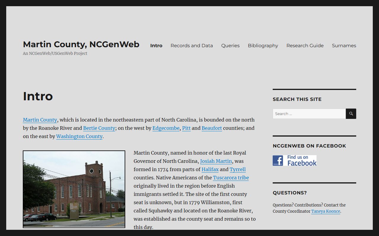 NCGenWeb Martin County page for obituary and death record research