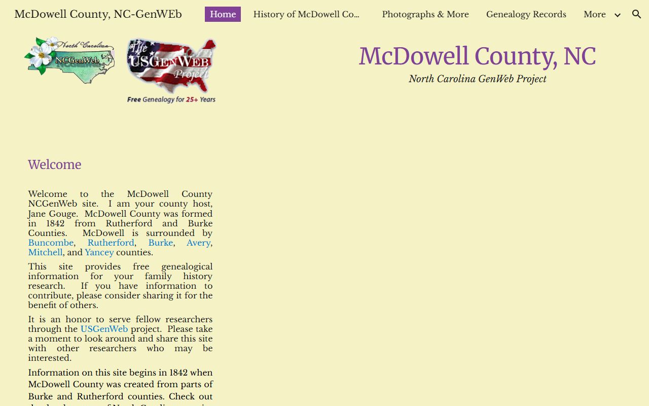 NCGenWeb McDowell County page for obituary and death record research