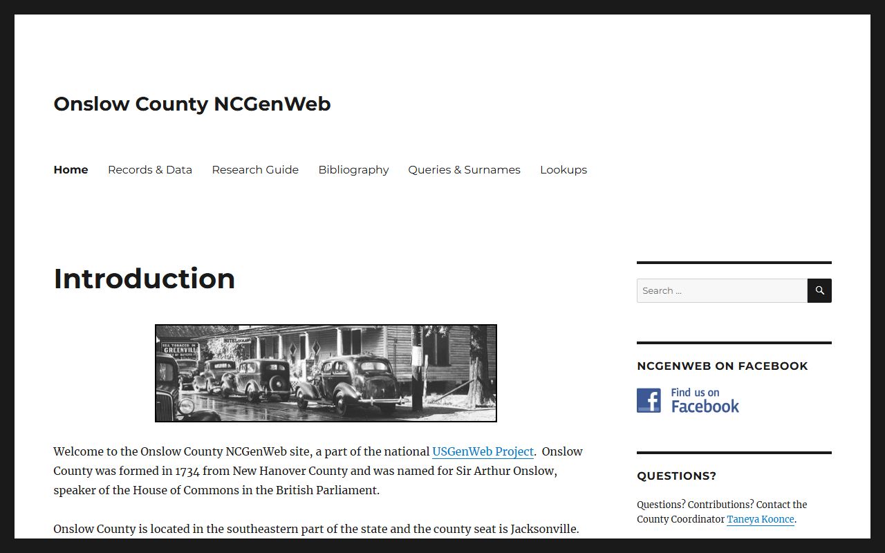 NCGenWeb Onslow County page for obituary and death records research