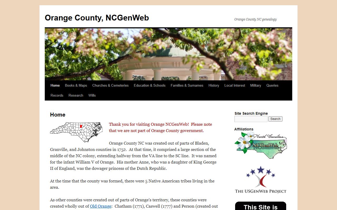 NCGenWeb Orange County page for obituary and death records research