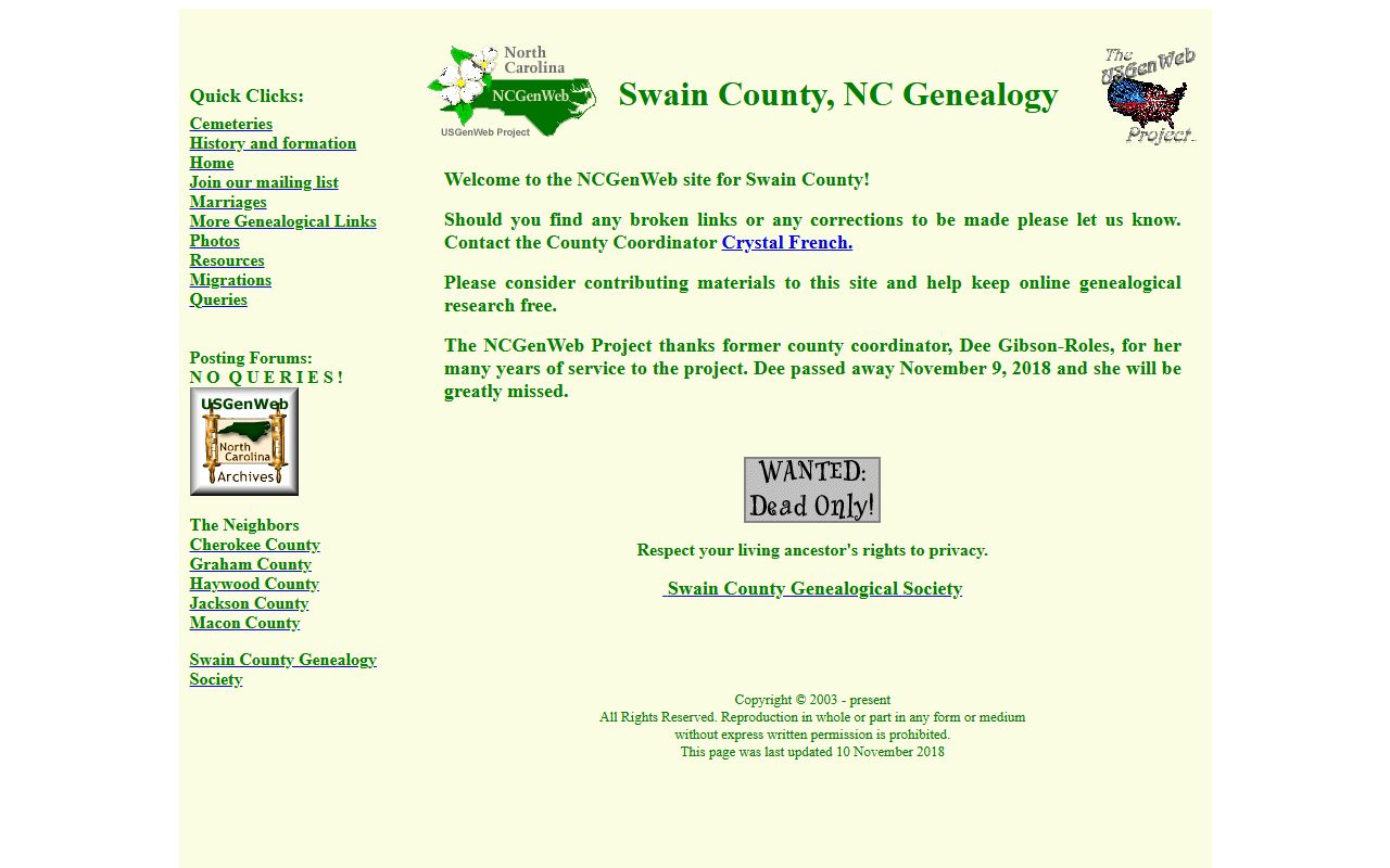 NCGenWeb Swain County page for obituary and death record research