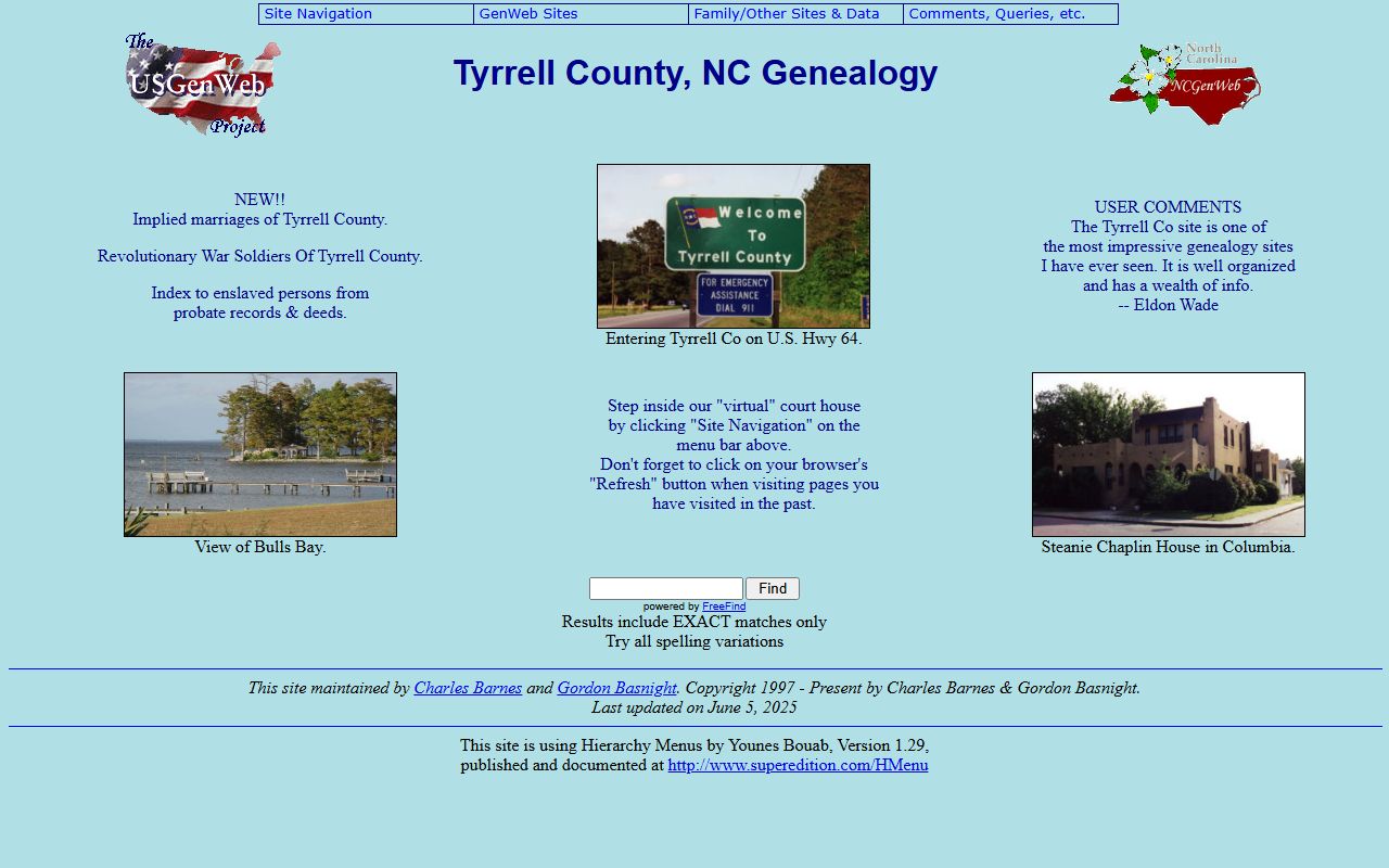 NCGenWeb Tyrrell County page for obituary and death record research
