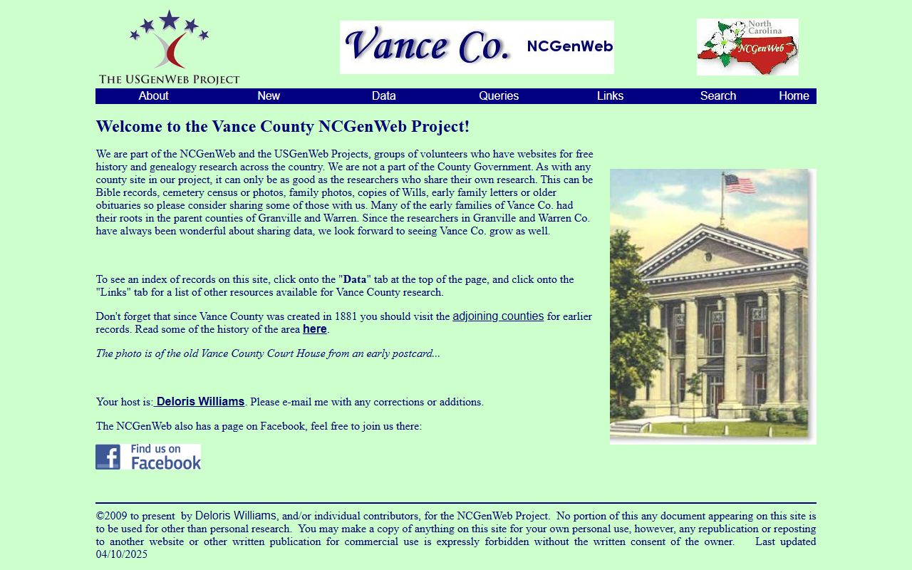 NCGenWeb Vance County page supporting Vance County obituary and death record research
