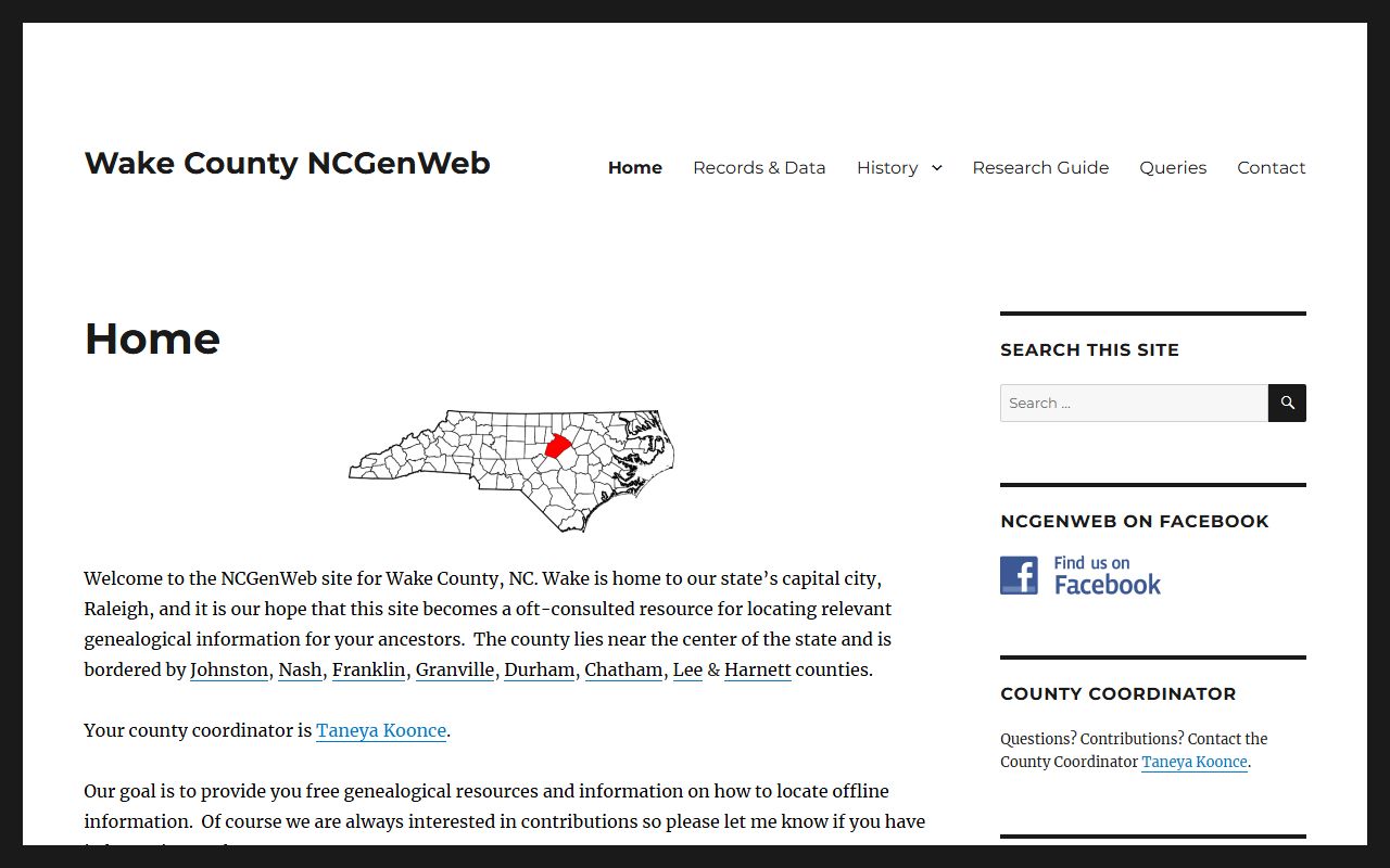 NCGenWeb Wake County page supporting Wake County obituary and death record research in Raleigh