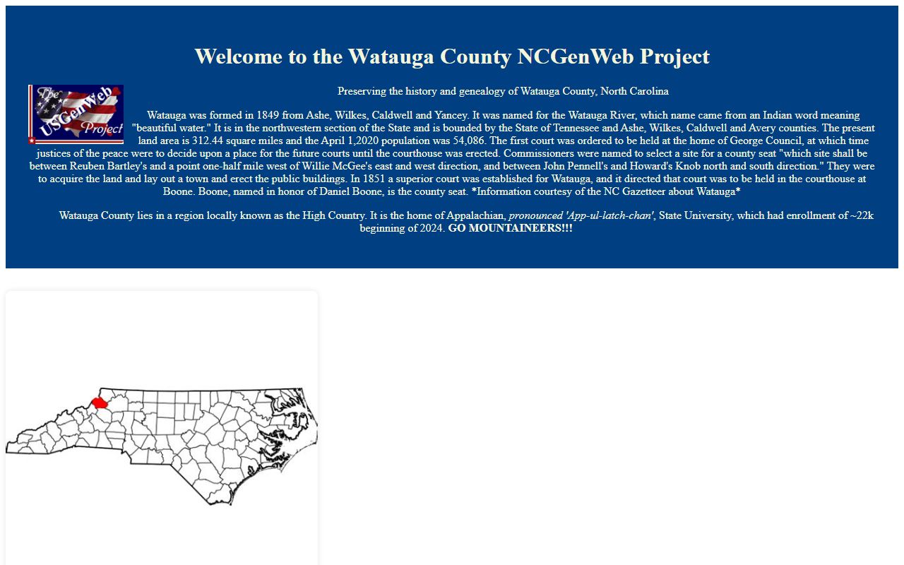 NCGenWeb Watauga County page supporting Watauga County obituary and death record research in Boone
